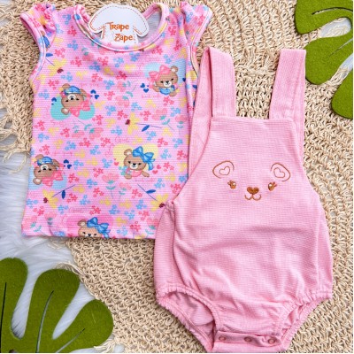 Conj. Blusa Baby Girl e Jardineira Ursinha - Rosa
